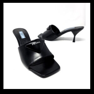 Prada Black Leather Triangle Logo Mule Slide Sandals Square Open Toe Heels 39 9